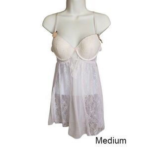Women's Sexy Lace Lingerie 2- piece White Babydoll Sleepwear Medium NWT